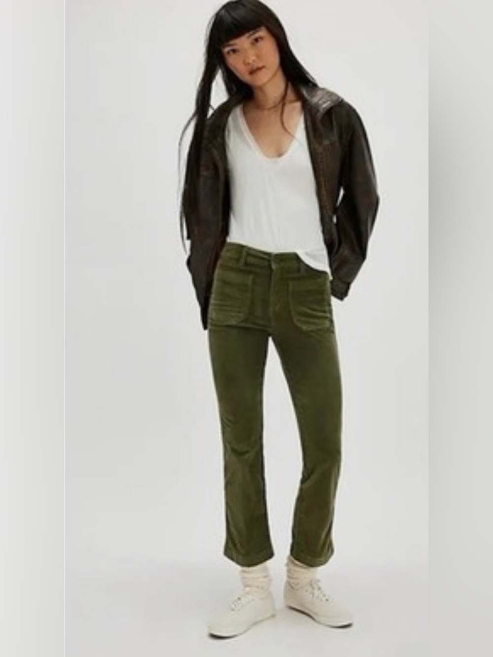 FREE PEOPLE High Time Velvet Kick Flare Pants Chive Green Size 12 NWT